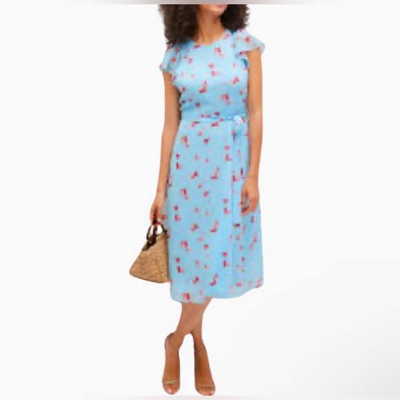 Banana Republic size 8 & 10 Blue Red Belted Flutter Sleeve Floral A-Line Women - Picture 2 of 15